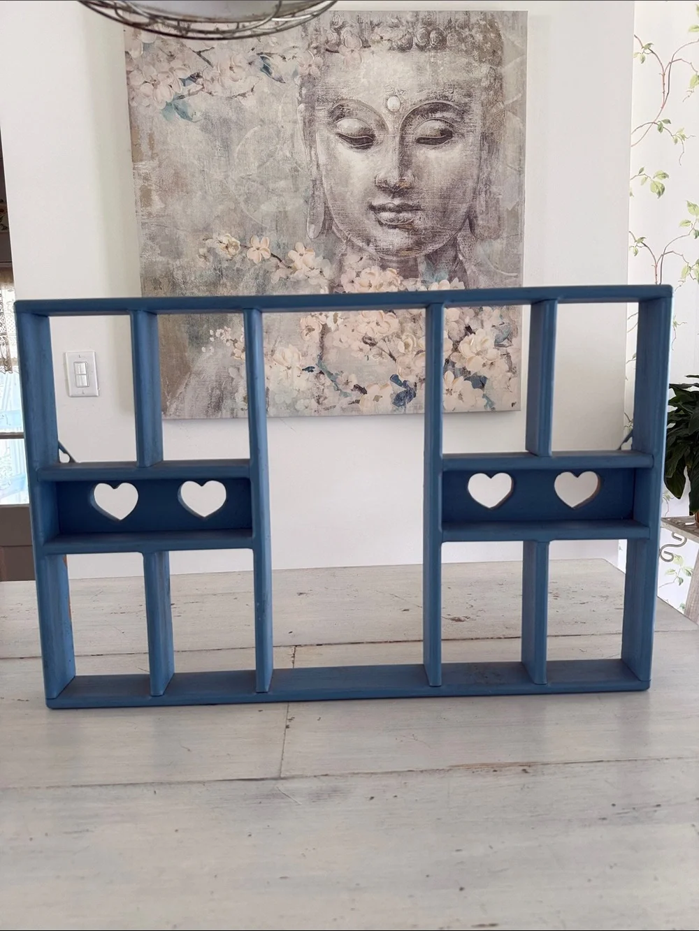 Vintage Blue Wooden Multi-Compartment Heart Cutouts Wall Shelf